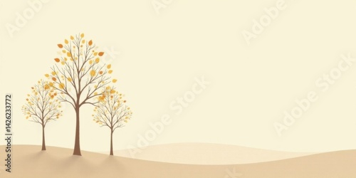Obraz na płótnie Serene Autumn Landscape Featuring Three Graceful Trees with Golden Leaves on a Gentle Rolling Hill w salonie