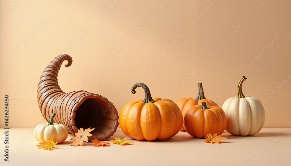 Thanksgiving Cornucopia with Pumpkins and Leaves on a Beige Background