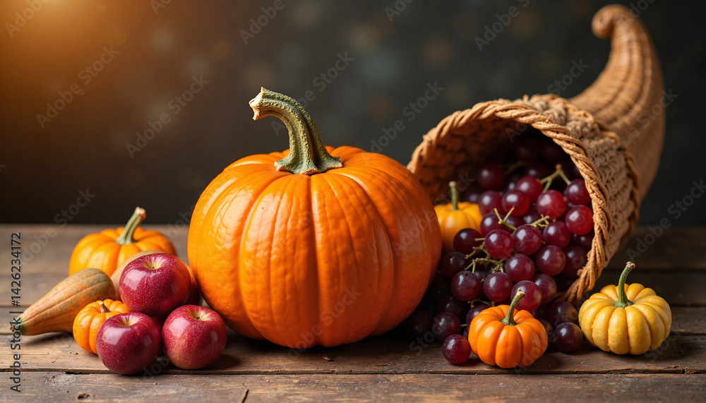 Pumpkin and Cornucopia, Thanksgiving, cozy autumn harvest display
