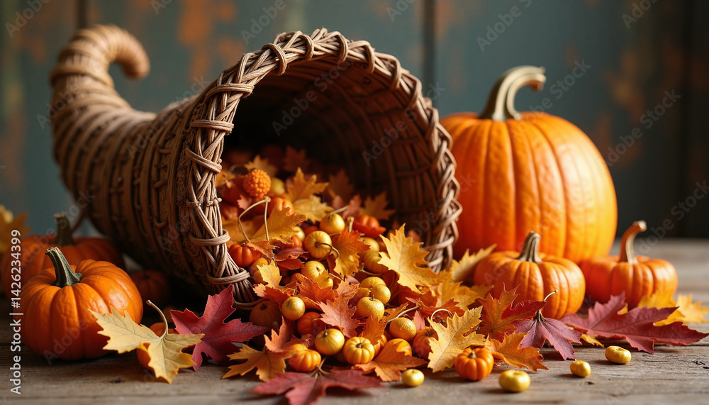 Pumpkin and Cornucopia, Thanksgiving, Autumn Colors, Cozy Setting