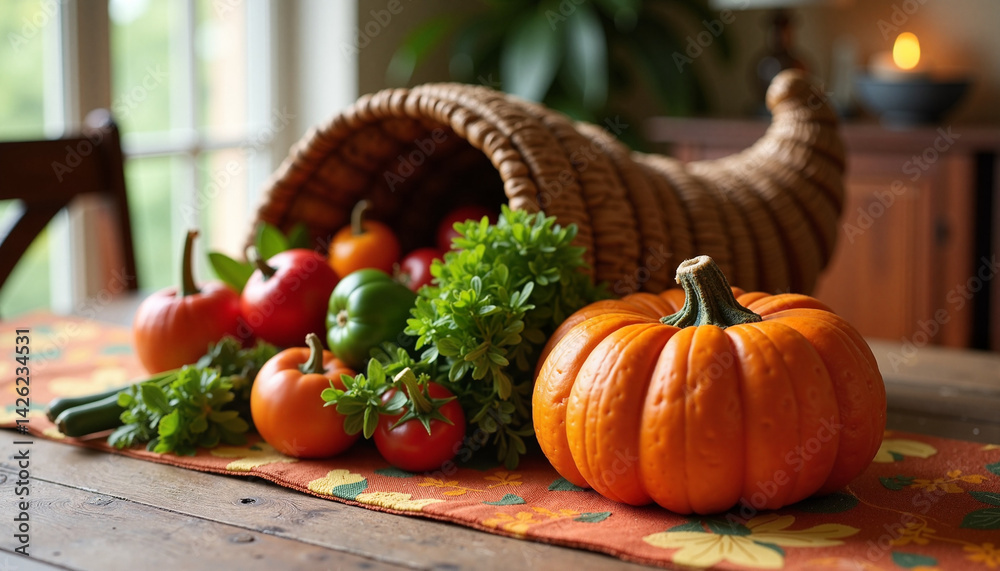 Pumpkin and Cornucopia, Thanksgiving, ComfyUI, Autumn Harvest Display