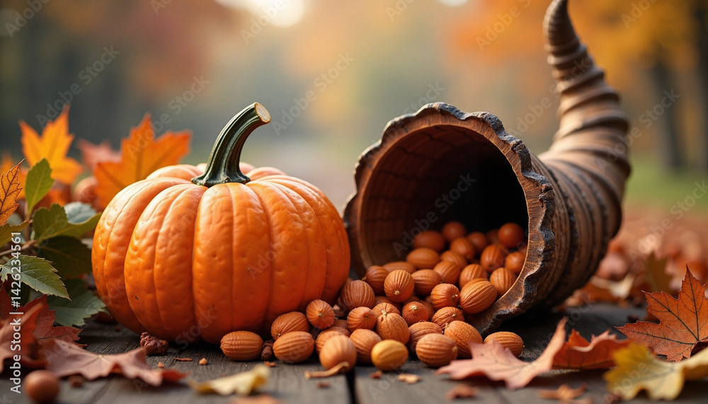 Pumpkin and Cornucopia, Thanksgiving | Autumn Harvest Decor