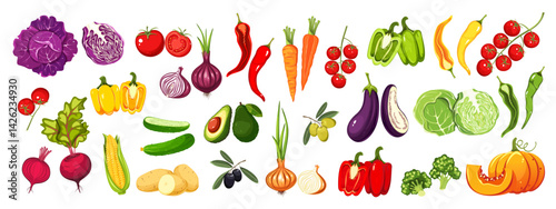 Set of vegetables. Fresh products. Tomatoes, pumpkin, cucumbers, avocado, pepper. Vector illustration isolated on white background.