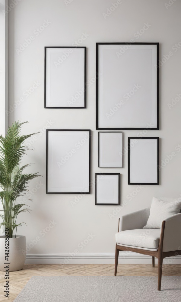 Fototapeta premium Blank black frames on a white wall, stylish minimalist living room setting, photo, design