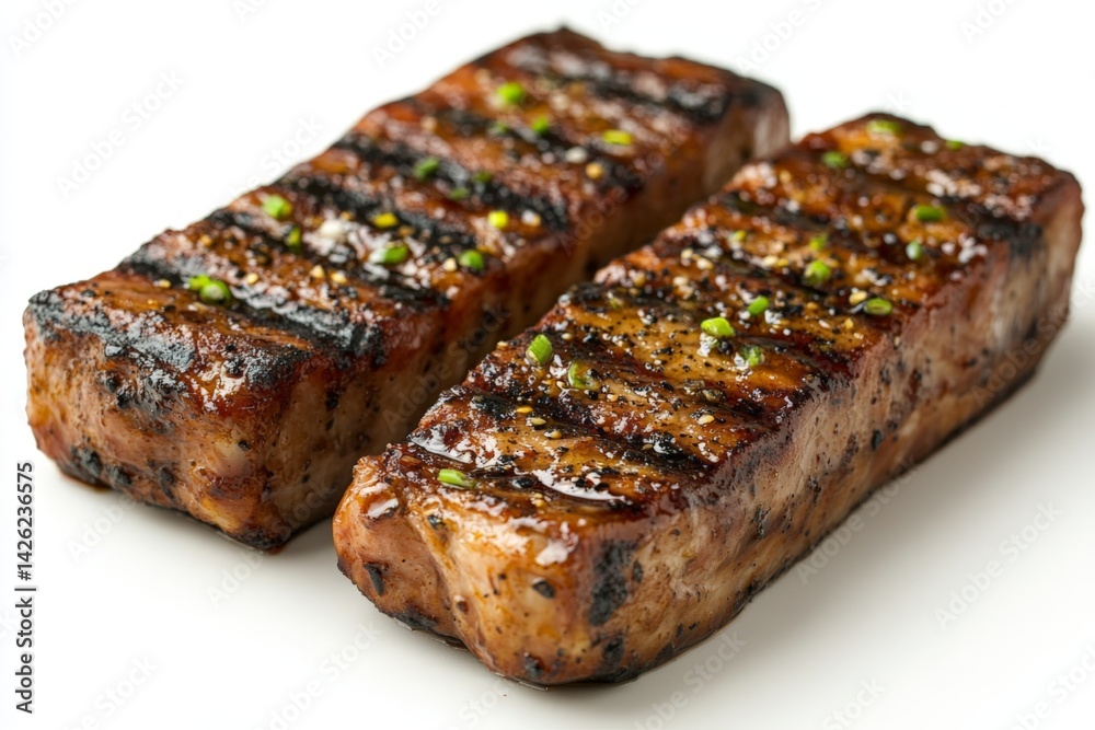 Grilled savory meat strips garnished with spices, ready to enjoy at a summer barbecue Grilled savory meat strips garnished with spices, ready to enjoy at a summer barbecue