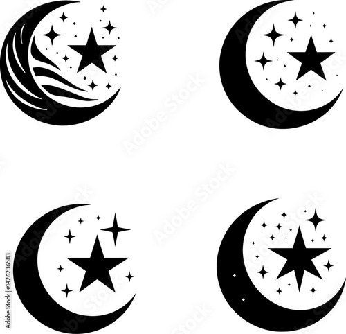 crescent moon and stars line drawing black white background