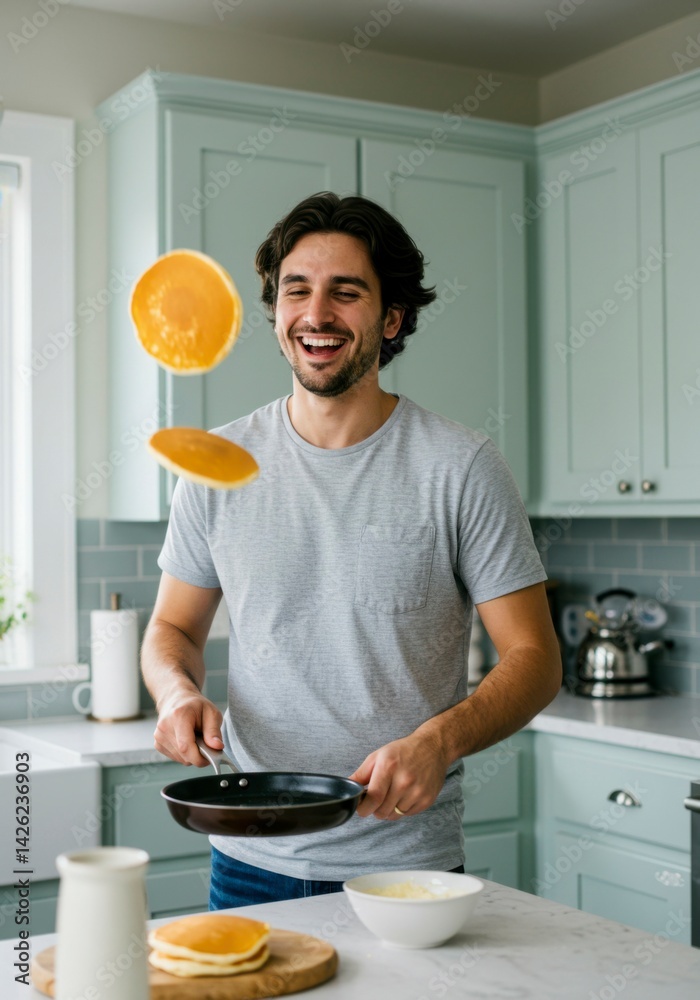 Man flipping pancakes in kitchen