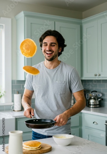 Obraz na płótnie Man flipping pancakes in kitchen w salonie