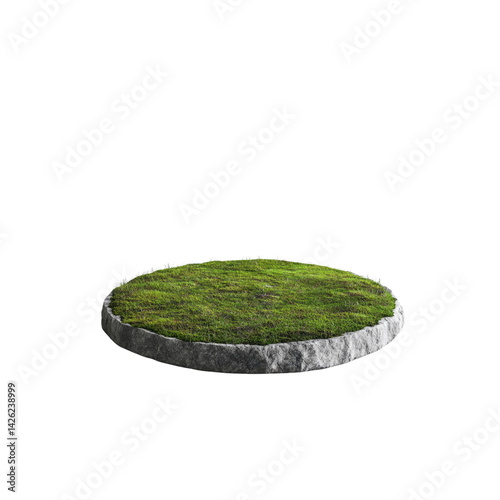 Circular Stone Platform with Lush Green Moss, Isolated on Transparent Background