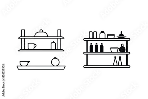 Outlined Shelves With Bowls Bottles And Dishes Simple Black And White Illustration