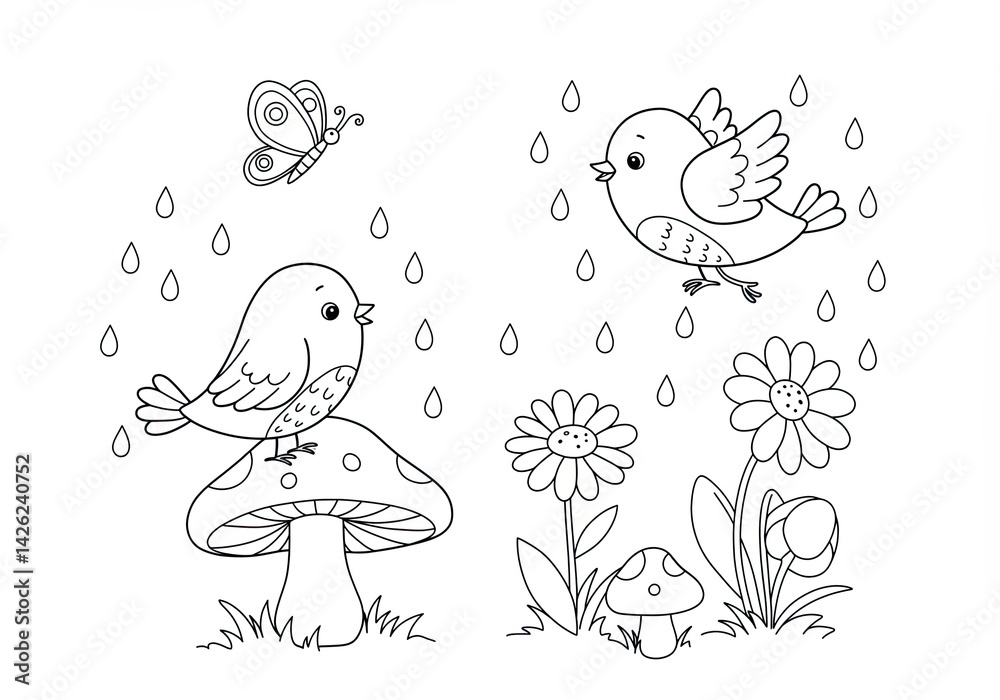Obraz premium Two cute birds with mushroom, butterfly, and raindrops in a peaceful spring nature coloring book line art illustration