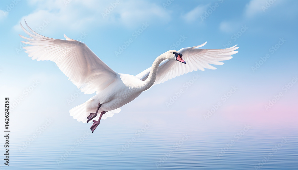 Obraz premium White swan in flight – graceful bird soaring in the sky with wings spread wide