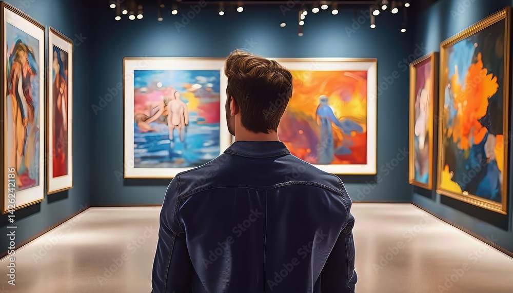 Rear View of a Man in Hiss Admiring Art Exhibition A Contemplative Moment at Modern Gallery, Filled with Rich Tones and Textures Amidst an Abstract Masterpiece. Rear View of a Man in Hiss Admiring Art Exhibition A Contemplative Moment at Modern Gallery, Filled with Rich Tones and Textures Amidst an Abstract Masterpiece.