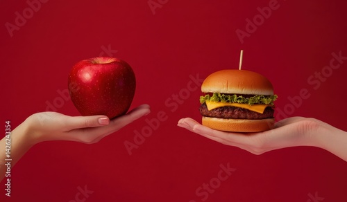 Hand holding an apple and hand holding a burger on a red background, front view, close-up. Concept of healthy eating versus fast food