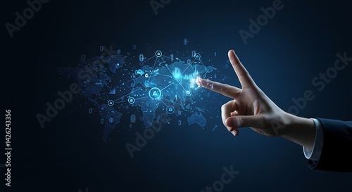 Innovative digital world map interface with hand interaction for technology concept