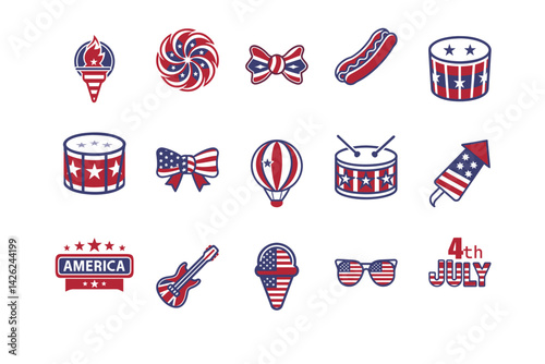 American flag and Independence Day symbols vector set for Fourth of July celebration