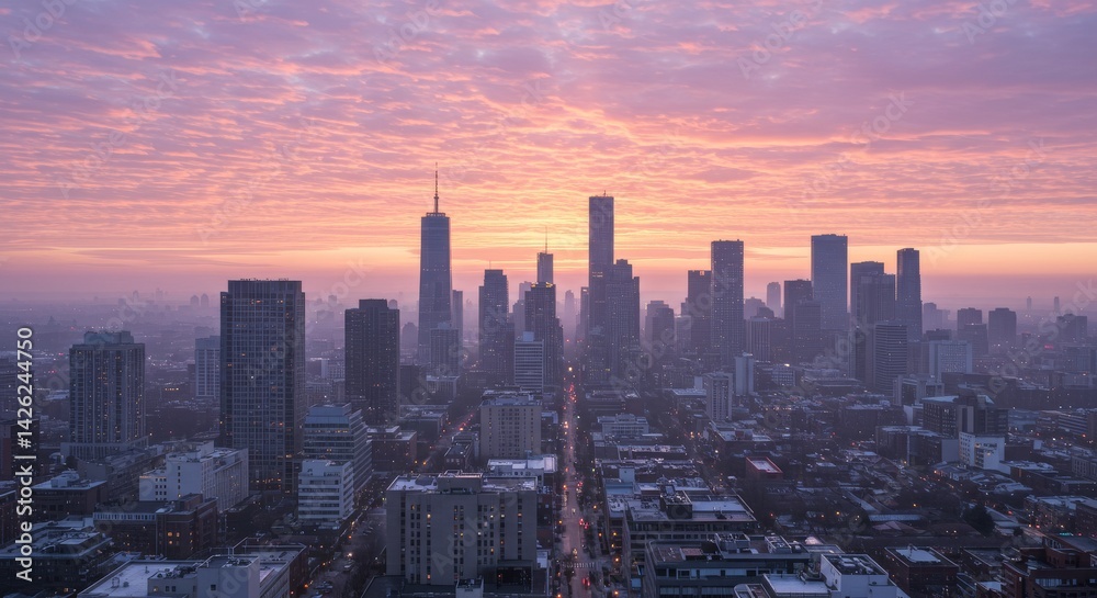 Fototapeta premium Cityscape Sunrise Panorama - Stunning panoramic view of a city skyline at sunrise, showcasing a vibrant pink and purple sky