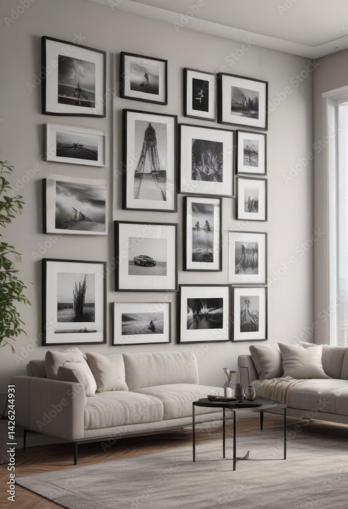 Fototapeta premium Minimalist living room, gallery wall of empty black frames, modern decor, house, home decor