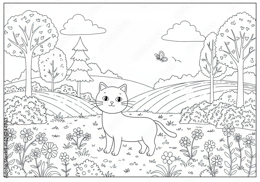 Fototapeta premium Cute cat standing in a flower-filled meadow with hills, trees, and a butterfly in a peaceful nature coloring book illustration