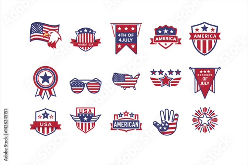 Fourth of July vector collection with USA patriotic elements stars stripes and fireworks