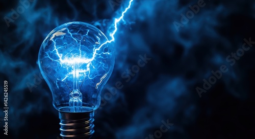 A light bulb emitting blue electricity, with lightning striking it from behind. The background is dark and blurred to emphasize the electric effect of the bulb.