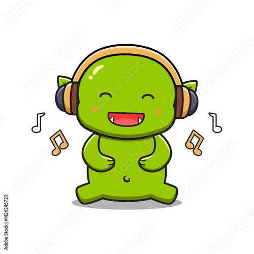 Cute goblin listening music with headphone cartoon icon illustration