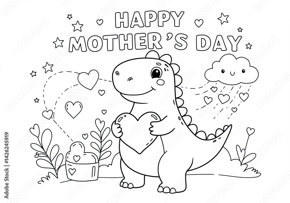 Obraz premium Friendly dinosaur holding big heart with Happy Mother’s Day text and stars in a heartwarming kids coloring book line art illustration