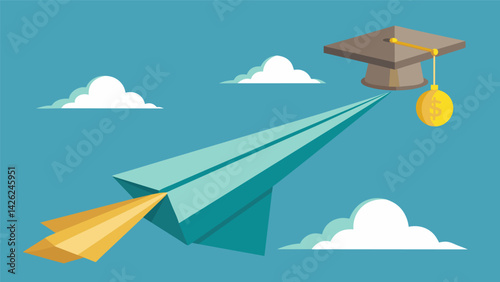 A paper airplane soaring in the sky with one wing representing lifetime earnings and the other representing student debt demonstrating the power and. Vector illustration