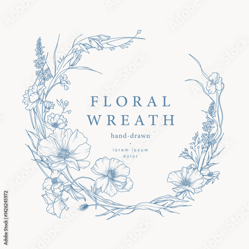 Vintage floral vector wreath. Hand drawn elegant floral line art. Botanical elements of wild and garden flowers, branches, leaves, herbs. Vector illustration for wedding invitation, save the date card