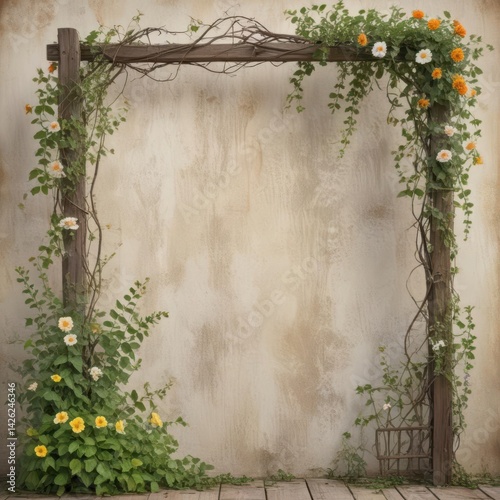 vintage frame with flowers, old wooden frame with flowers, old wooden frame with flowers and leaves