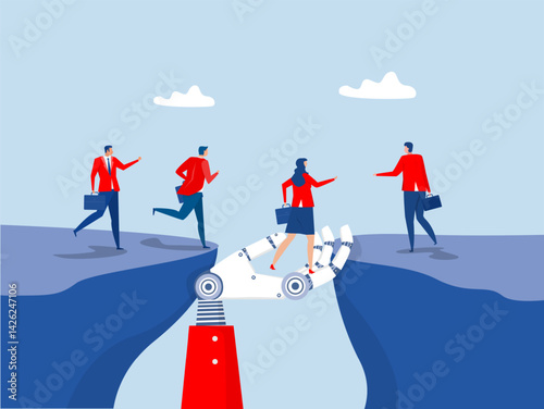 Robot giant hand help business people cross the problem gap.Support of help to solve problem coaching to help team success vector