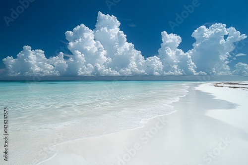Beautiful tropical beach with white sand and turquoise water under a clear blue sky filled with fluffy clouds