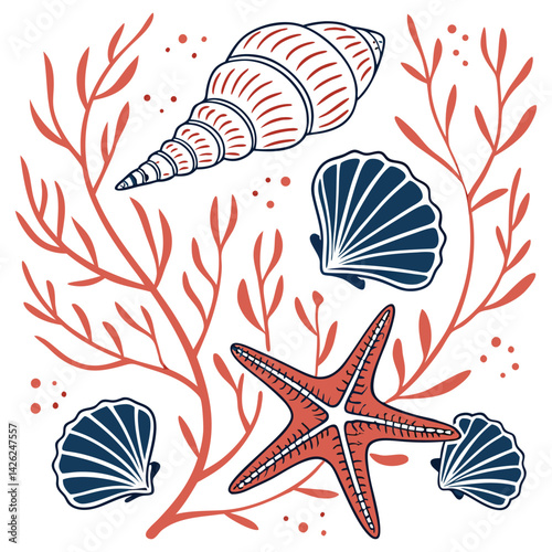 Vector illustration Set of Marine Nature Elements Sea Shells And  in Seamless Pattern Design Showcasing Beach Art With Ocean Texture
