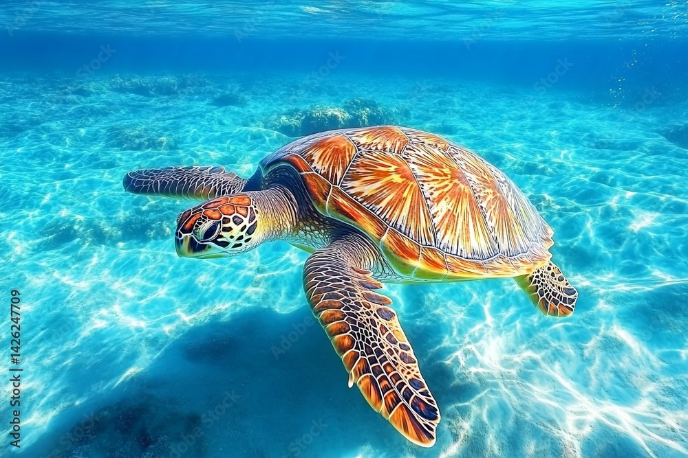 Fototapeta premium Majestic sea turtle swimming gracefully in clear blue waters of a tropical reef during midday sunlight