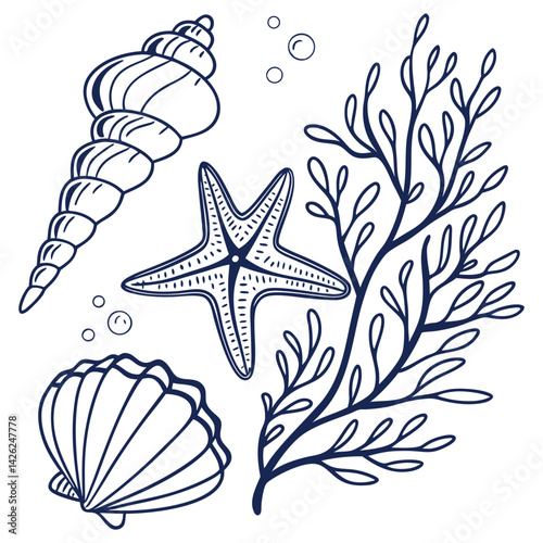 Vector illustration Set of Marine Nature Elements Sea Shells And  in Seamless Pattern Design Showcasing Beach Art With Ocean Texture