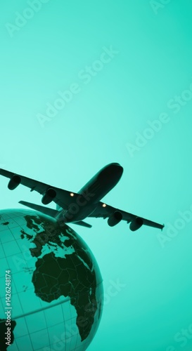 Airplane silhouette flying over globe against turquoise sky