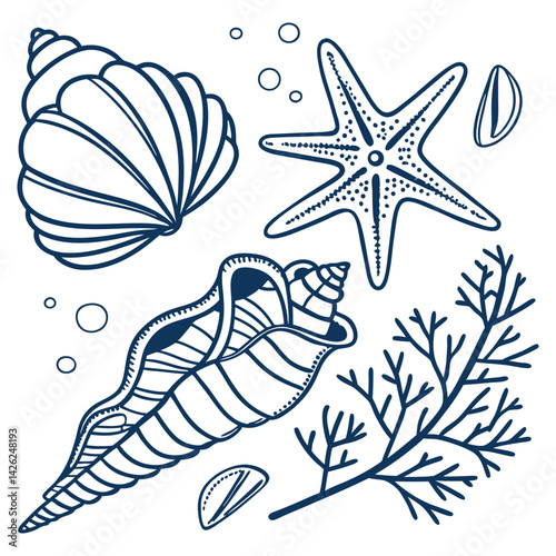 Vector illustration Set of Marine Nature Elements Sea Shells And  in Seamless Pattern Design Showcasing Beach Art With Ocean Texture