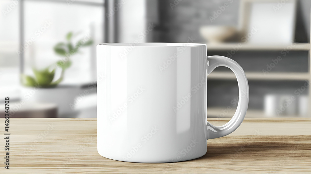 White mug on wooden table, blurred home background, design mockup White mug on wooden table, blurred home background, design mockup