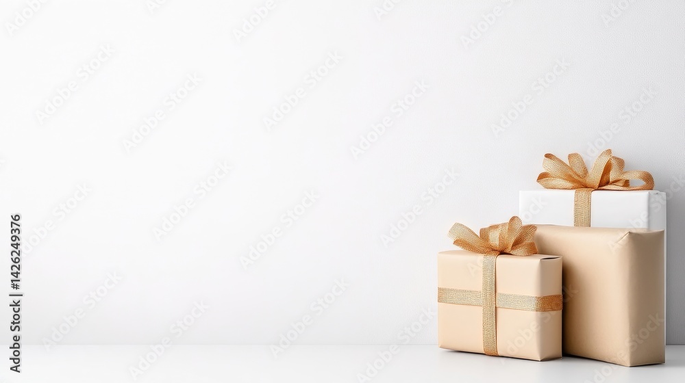 Obraz premium Three elegantly wrapped gift boxes with ribbons on a minimalist white background, showcasing a clean and simple composition, and perfect for holiday or celebration concepts.