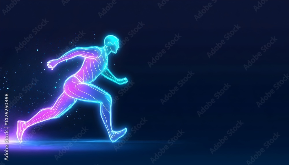 Glowing neon figure of a runner in motion, against dark background Glowing neon figure of a runner in motion, against dark background