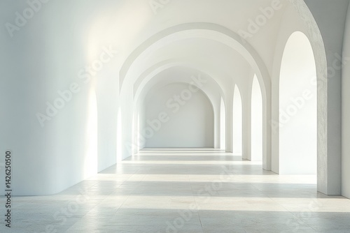 Bright, minimalist interior with arched doorways and soft sunlight streaming through in a serene environment