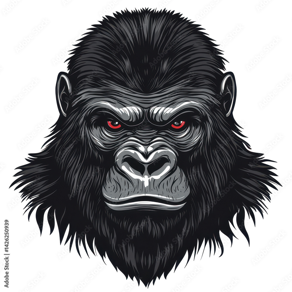 Obraz premium Gorilla head illustration with intense eyes showcasing strength and wild beauty in a striking black and white design