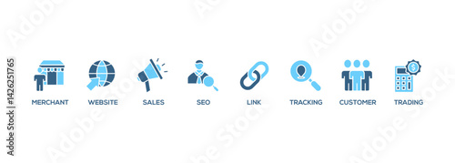 Affiliate marketing web banner icon set symbol vector illustration concept consists of trading, seo, tracking, customer, link, sales, website, merchant icon live stroke