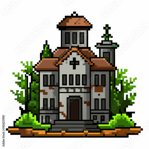 Pixel Art Haunted Mansion Surrounded by Trees   Old, Abandoned, Spooky, Mysterious Building