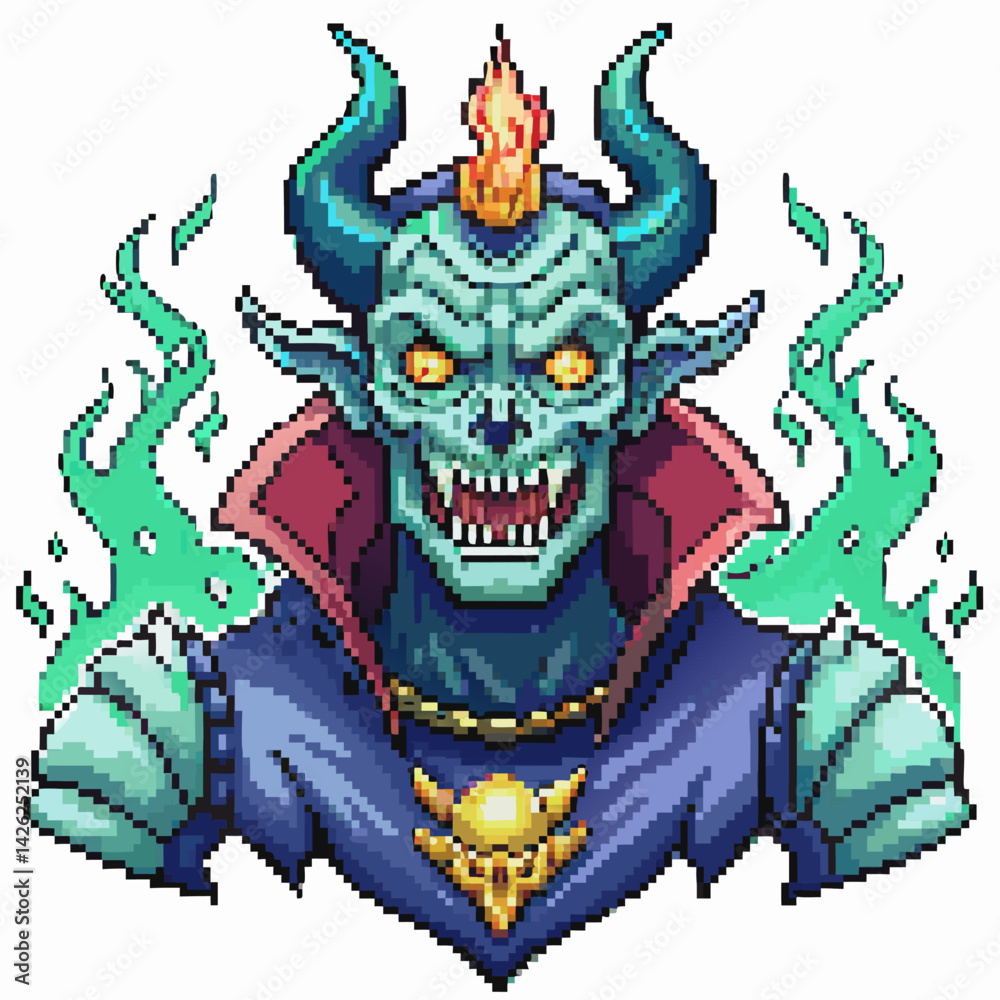 Fototapeta premium Pixel Art Demon Skull with Flaming Eyes and Green Energy Spirals 8 Bit Fantasy Character Design