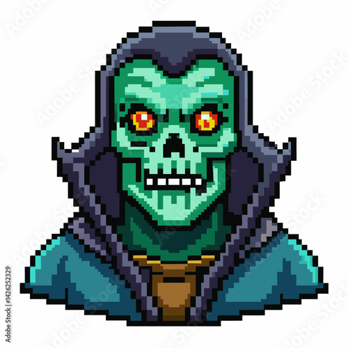 Pixel Art Undead Character with Glowing Eyes in Dark Attire