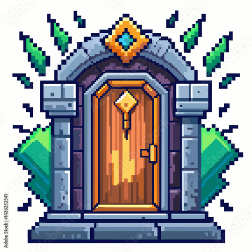 Pixel Art Fantasy Wooden Door   8 bit Magic Entrance with Green Crystals