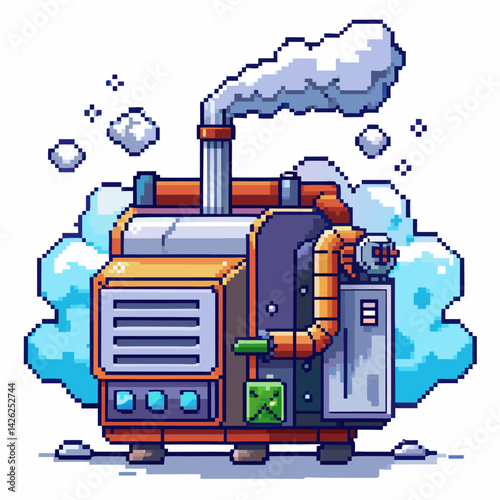 Retro Pixel Art Industrial Boiler with Steam and Gears, Nostalgic Gaming Design