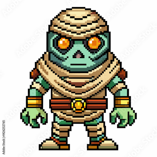 Pixel Art Green Zombie Mummy with Glowing Eyes and Bandages in Retro Style