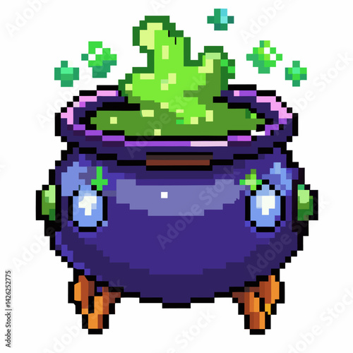 Pixel Art Cauldron with Green Potion Magic and Sparkles   Retro Gaming Style